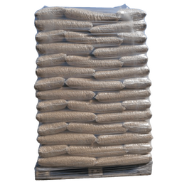 Dalmose premium 8mm træpiller i 10 kg sække placeret på en palle